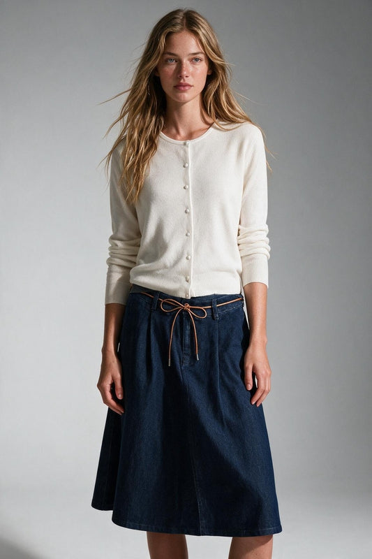 White soft Knit Crew Neck Cardigan with pearl buttons Front - Cardigans
