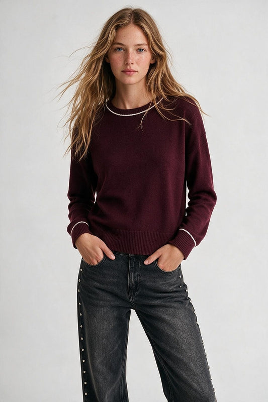 Burgundy warm Knit Contrast Trim Cropped Crew Neck Sweater - Jumpers