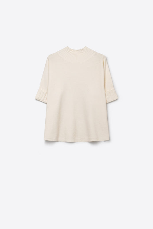 Cream chunky Ribbed Knit high Neck Sweater with elbow-length sleeve - Jumpers
