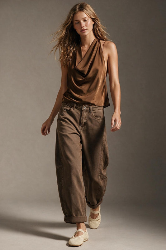 Brown Satin Draped Halter Neck Top - top