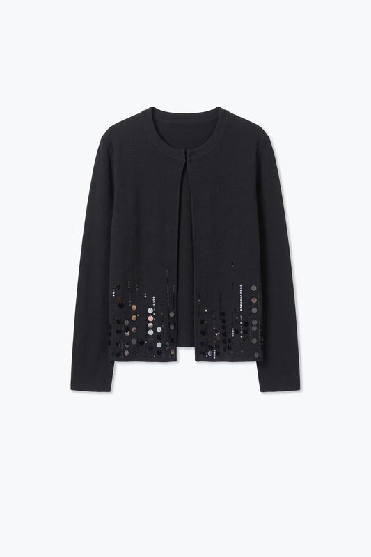 Black Fine Knit Sequin Hem Open Front Cardigan - Cardigans