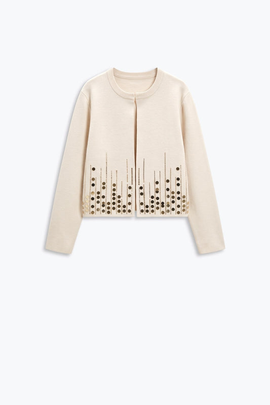 Cream Fine Knit Metallic Embellished Hem Cropped Cardigan - Cardigans