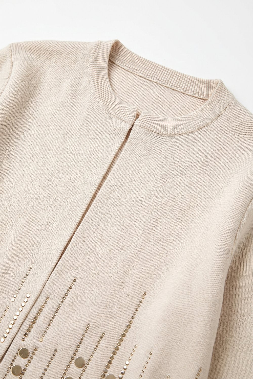 Cream Fine Knit Metallic Embellished Hem Cropped Cardigan - Cardigans