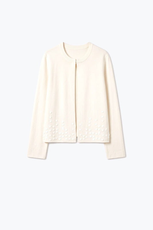 Cream Fine Knit Sequin Hem Round Neck Cardigan - Cardigans
