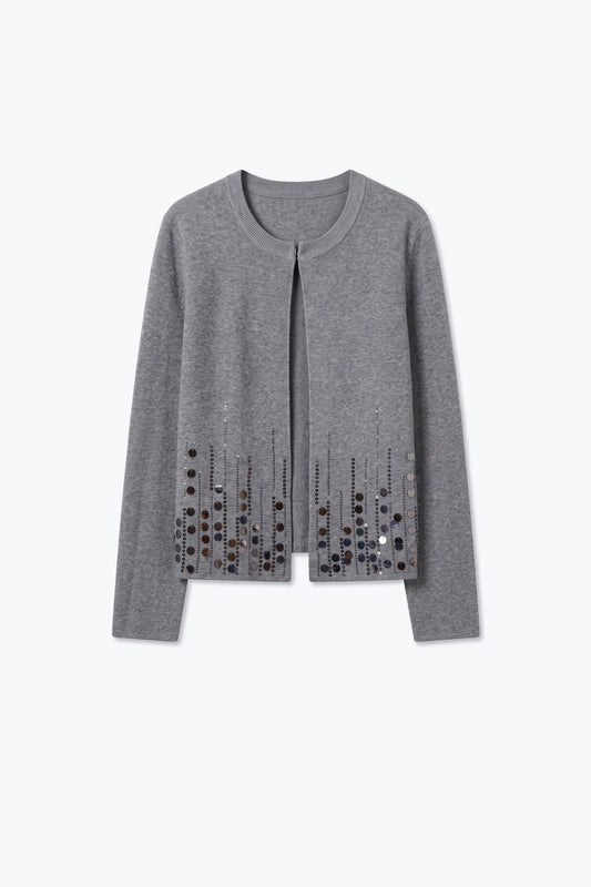 Grey Fine Knit Sequined Open Front Cropped Cardigan - Cardigans
