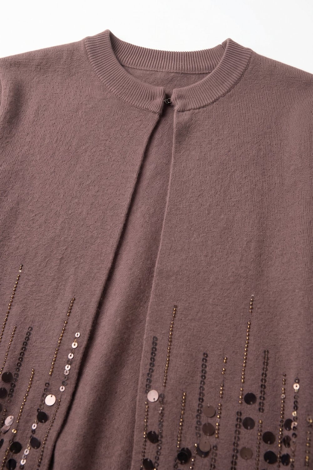 Brown Soft Knit Sequin Hem Hook Front Cardigan - Cardigans