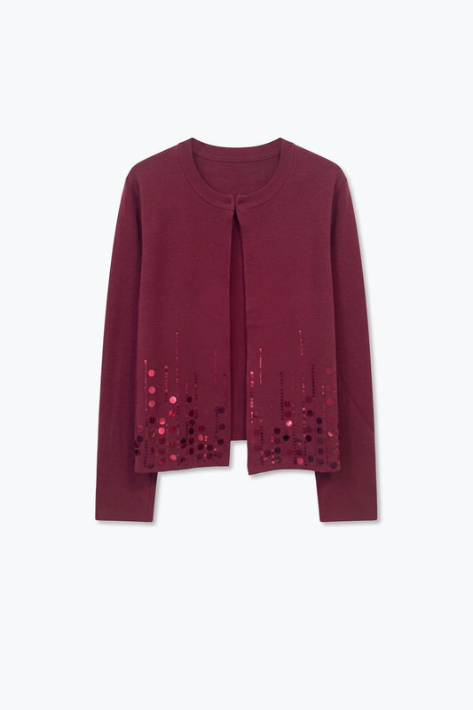 Burgundy Fine Knit Sequin Hem Open Front Cardigan - Cardigans