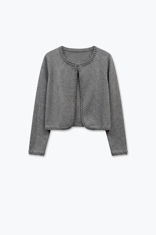 Grey Fine Knit Braided Trim Cropped Open Cardigan - Cardigans