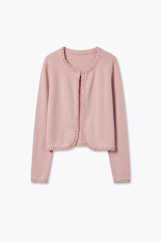 Light Pink Fine Knit Crochet Trim Cropped Cardigan - Cardigans