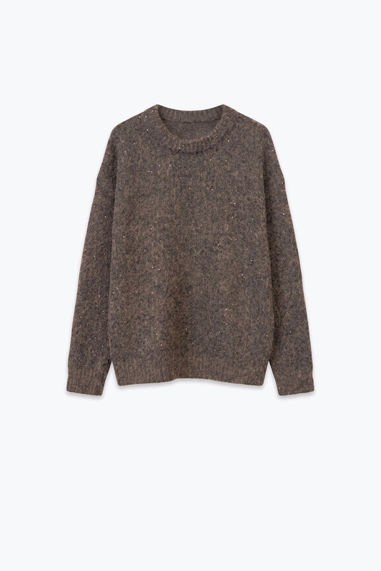 Brown Sequined Brushed Knit Crew Neck Oversize Sweater - Jumpers