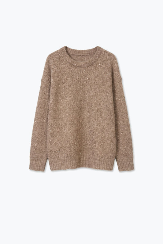 Beige Brushed Knit Sequined Crew Neck Ribbed Trim Sweater - Jumpers