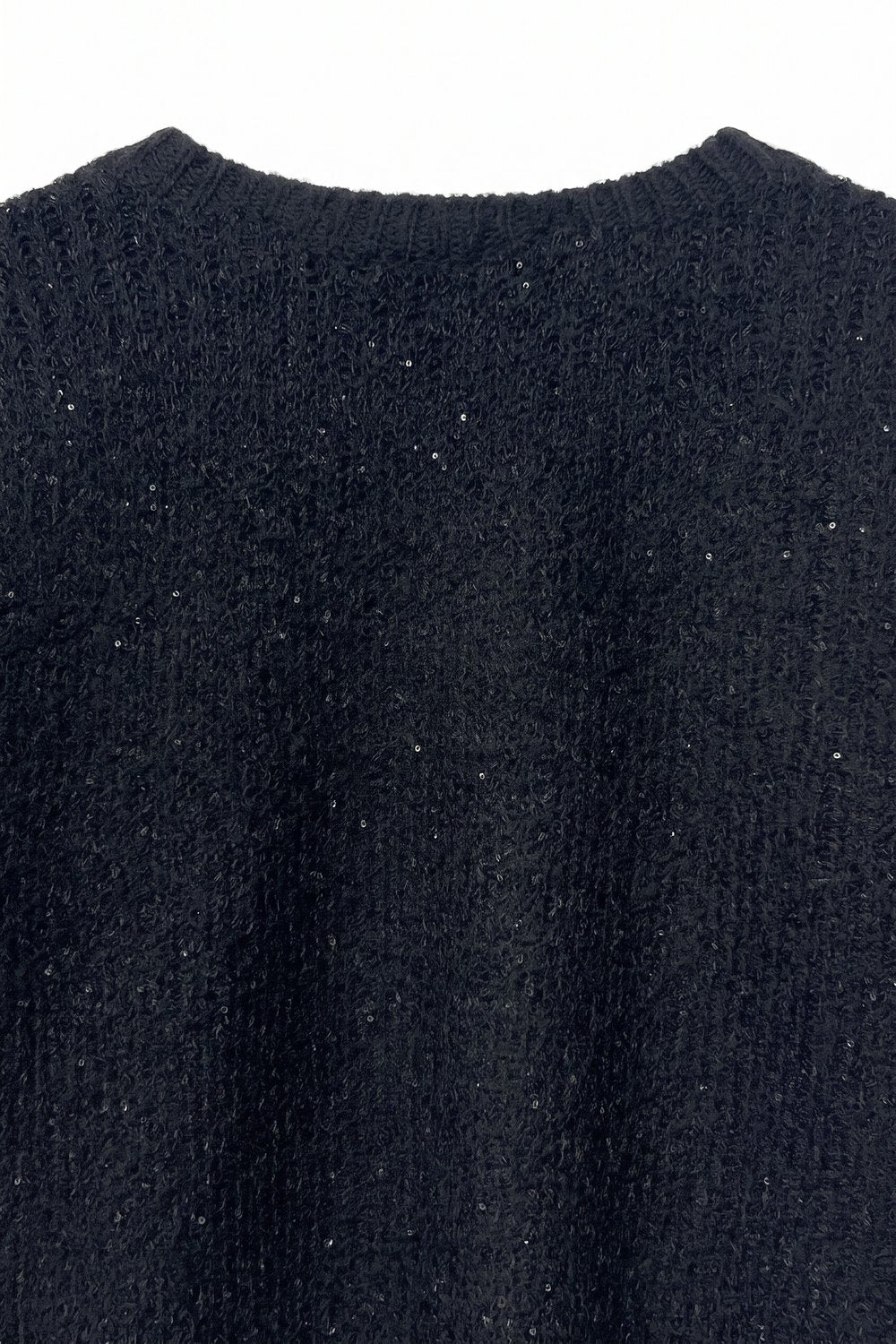 Black Sequined Soft Knit Dropped Shoulder Ribbed Trim Sweater - Jumpers