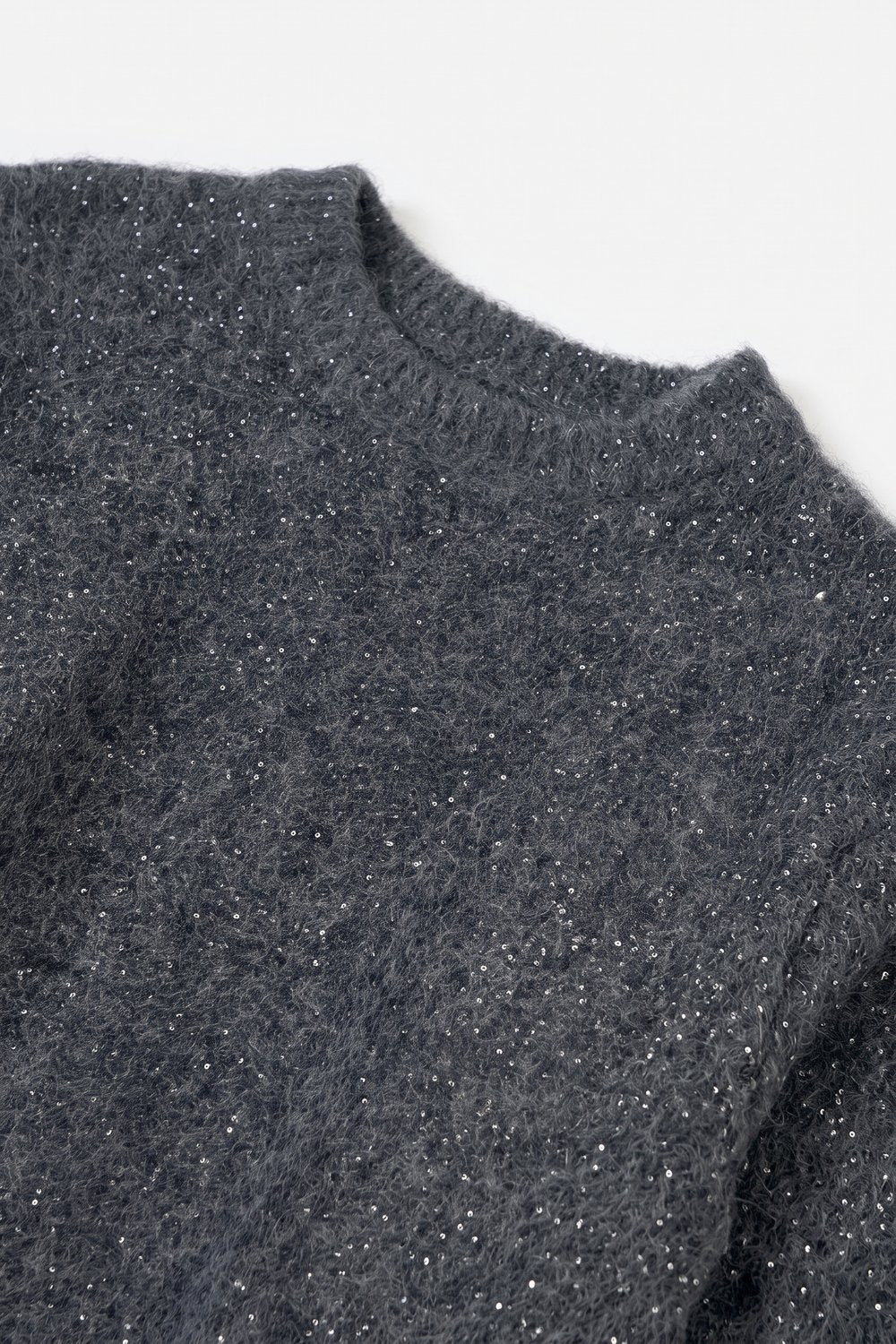 Charcoal Sequin Embellished Brushed Knit Mock Neck Dropped Shoulder Sweater - Jumpers
