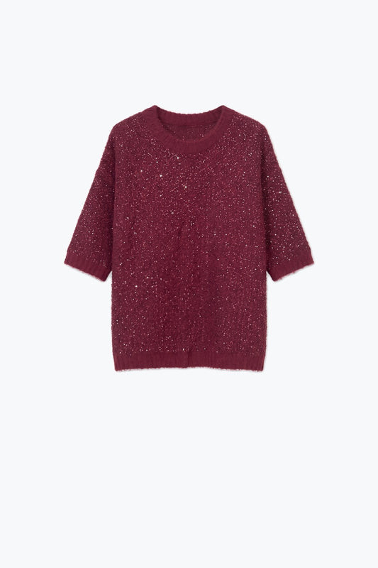 Burgundy Sequined Fluffy Knit Dropped Shoulder Sweater - Jumpers