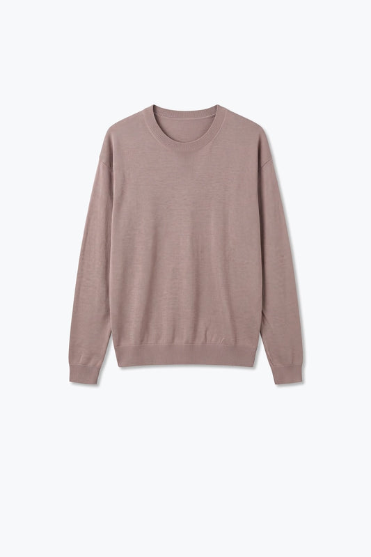 Merino Wool Blend Fine Knit Crew Neck Sweater in old pink color - Jumpers