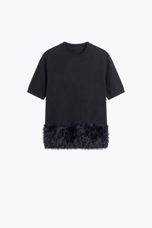 Black Soft Knit Faux Fur Hem Short Sleeve Sweater - Tops
