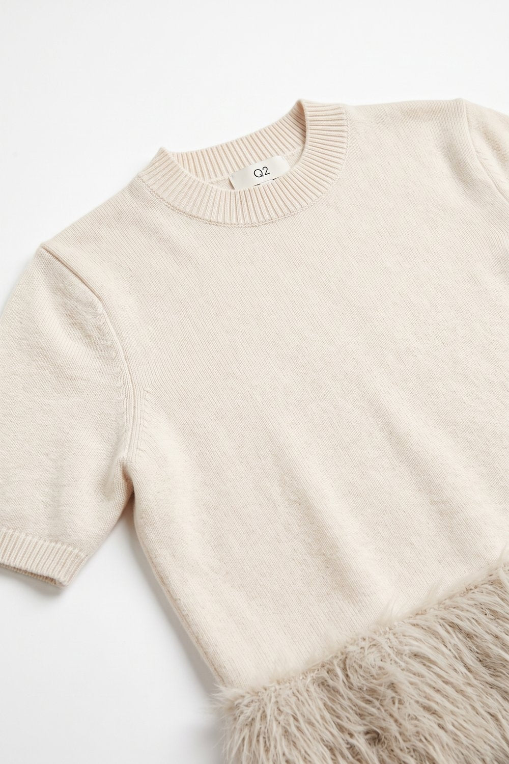Cream Fine Knit Ribbed Crew Neck Fringe Hem Sweater - Tops