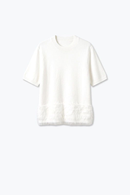 White Fine Knit Ribbed Crew Neck Faux Fur Hem Sweater - Tops