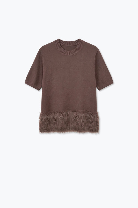 Brown Fine Knit Faux Fur Hem Short Sleeve Sweater - Tops