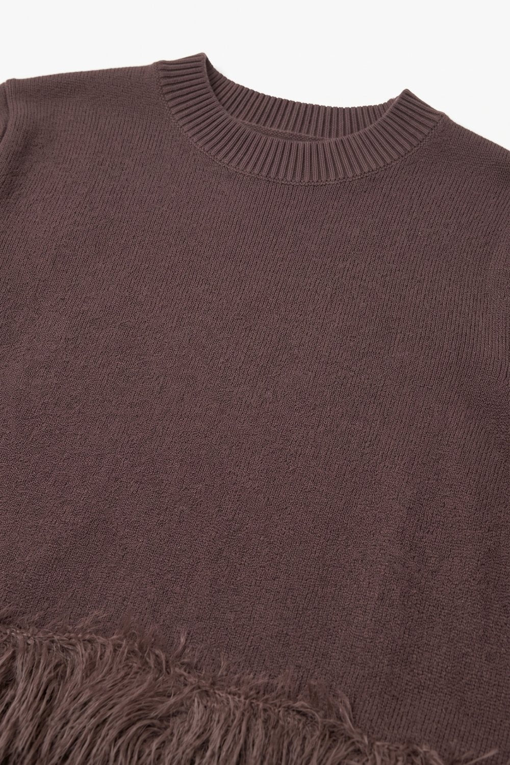 Brown Fine Knit Faux Fur Hem Short Sleeve Sweater - Tops