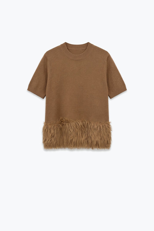 Camel Fine Knit Fringe Hem Short Sleeve Sweater - Tops