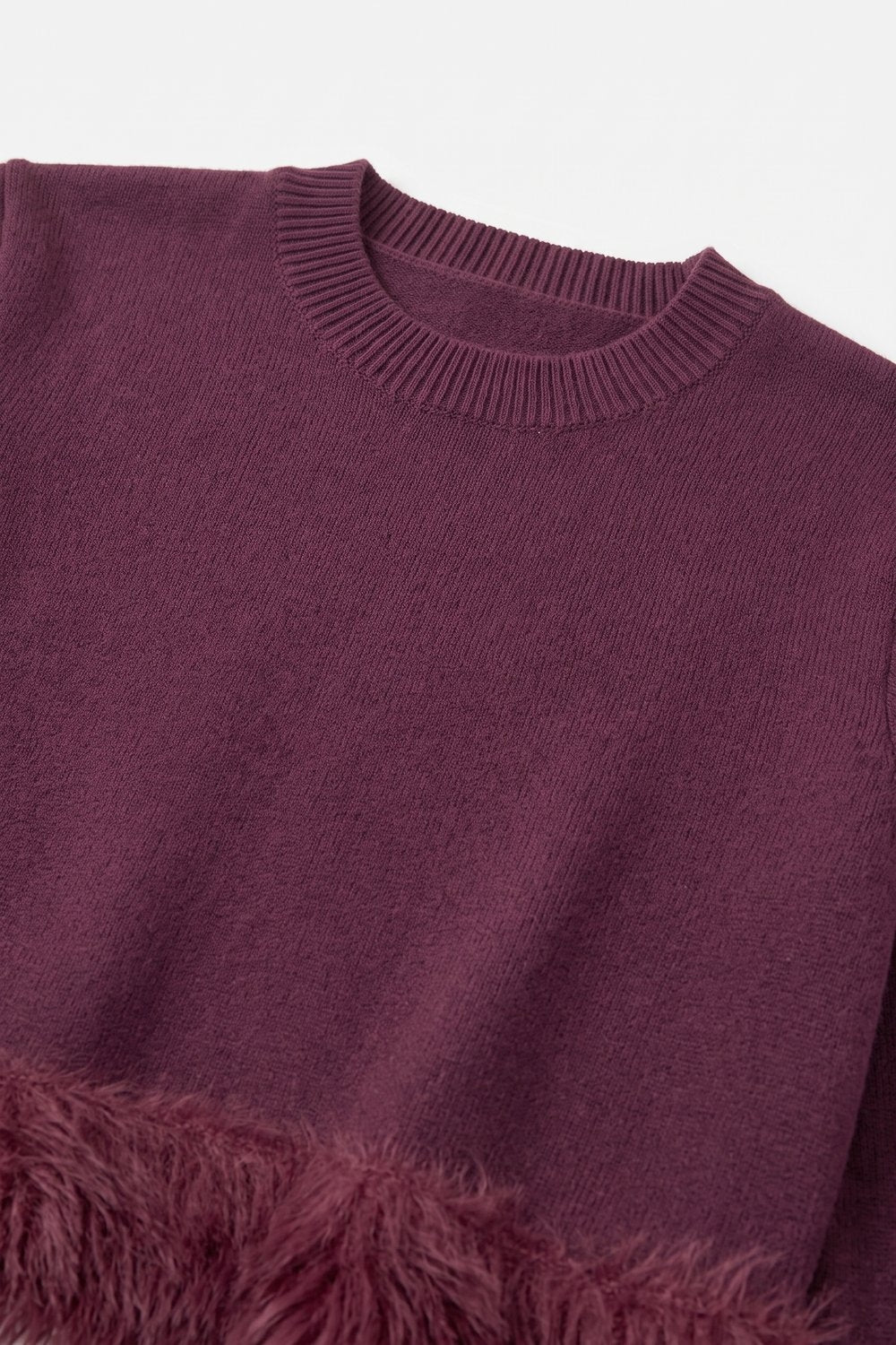 Burgundy Fine Knit Feather Hem Short Sleeve Sweater - Tops