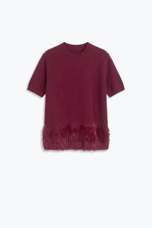Wine Soft Knit Short Sleeve Faux Fur Hem Sweater - Tops