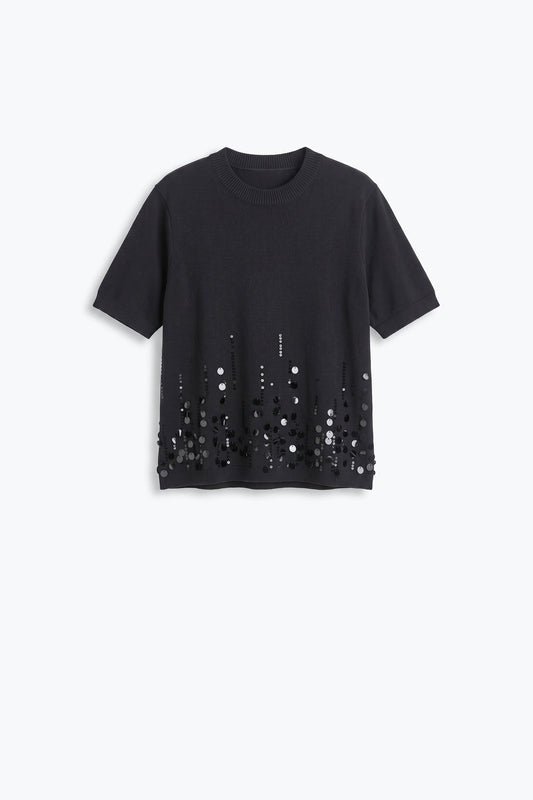 Black Knit Short Sleeve Top with Embellished Hem - Tops