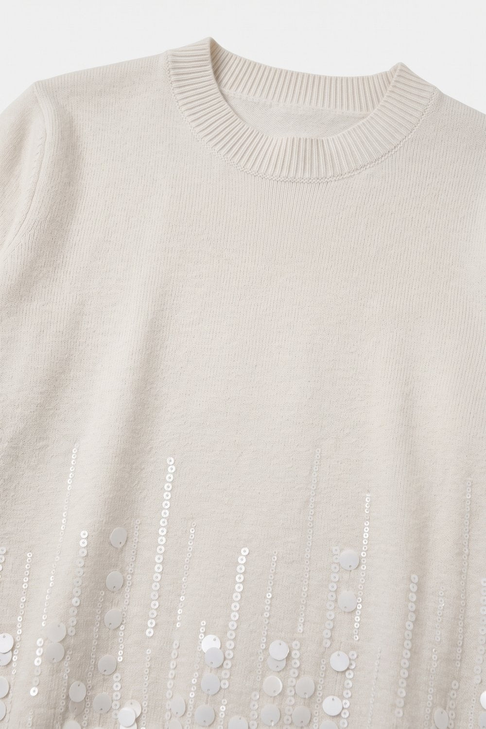 Cream Fine Knit Sequined Hem Short Sleeve Top - Tops