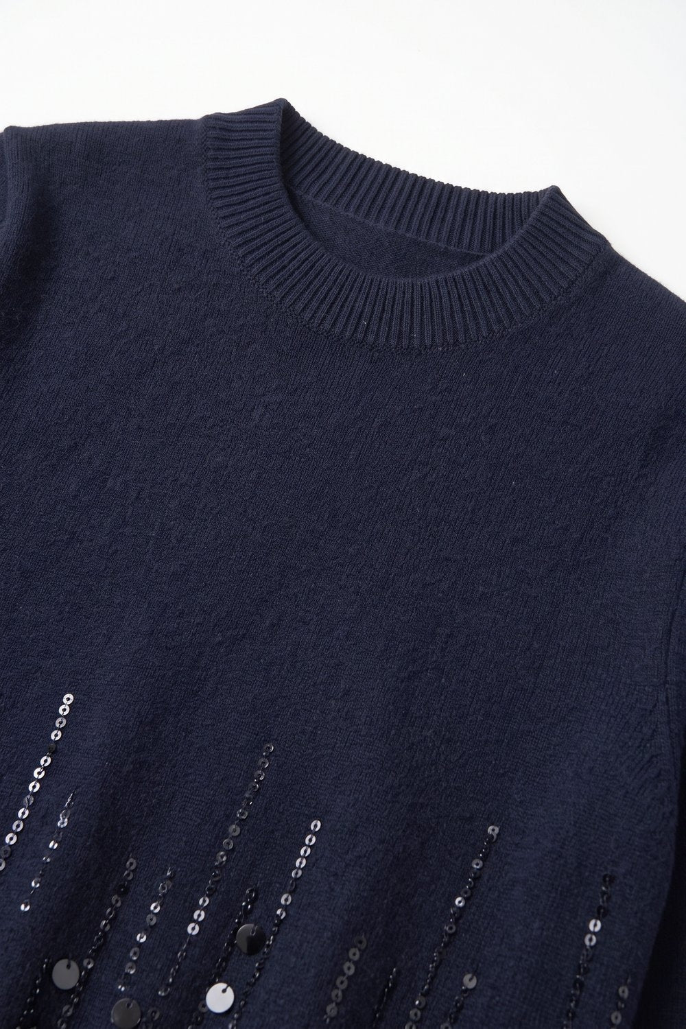 Navy Fine Knit Sequin Hem Short Sleeve Top - Tops