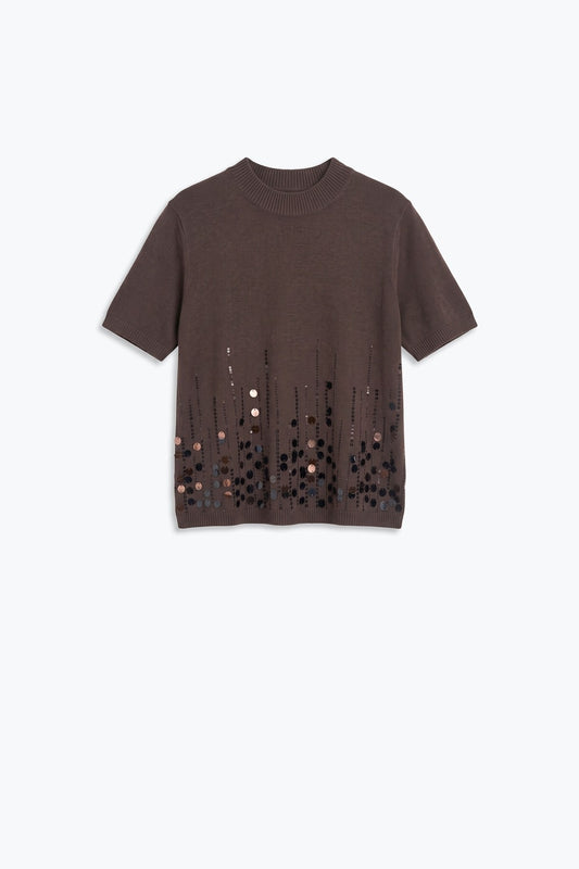 Brown Soft Knit Sequined Hem Short Sleeve Top - Tops