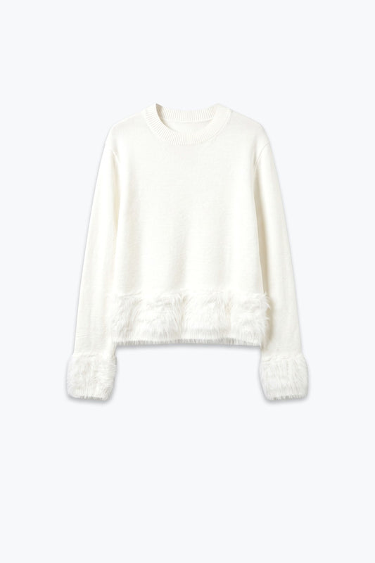 Cream Fine Knit Faux Fur Trim Crew Neck Sweater - Jumpers