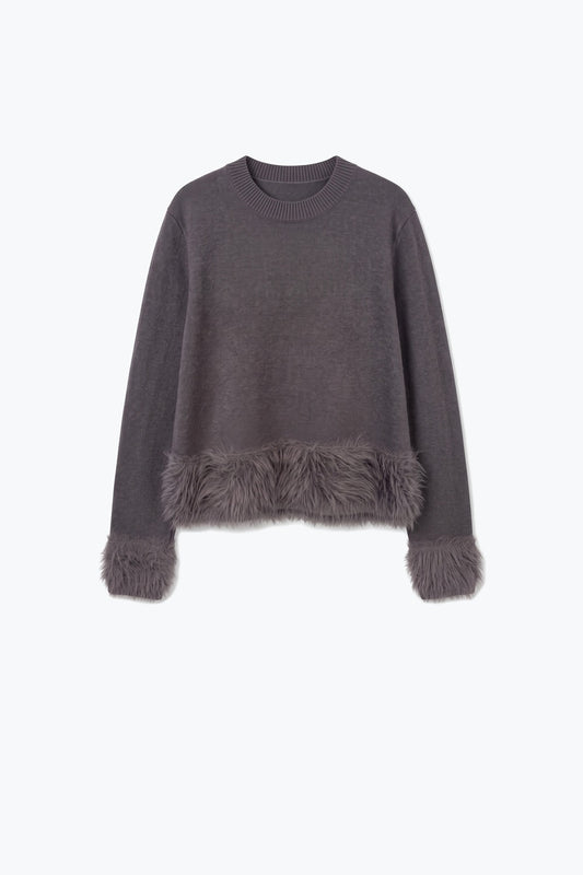 Grey Fine Knit Faux Fur Trim Crew Neck Sweater - Jumpers