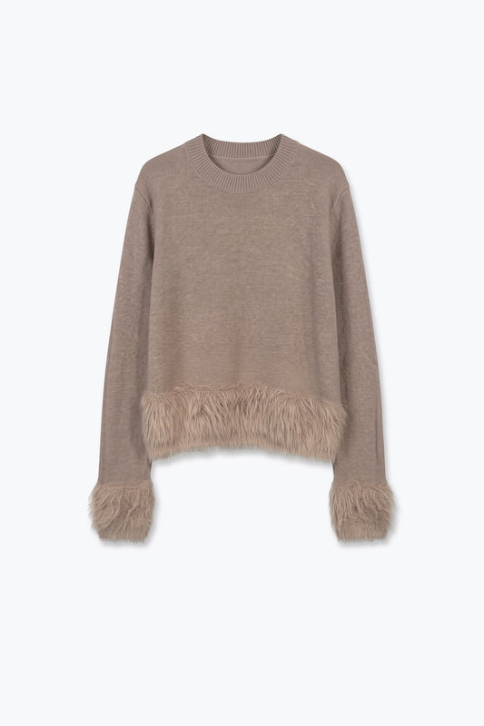Beige Fine Knit Faux Fur Trim Crew Neck Sweater - Jumpers