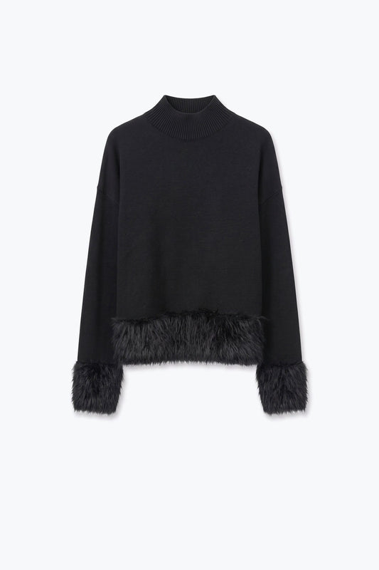 Black Soft Knit Faux Fur Trim Mock Neck Sweater - Jumpers