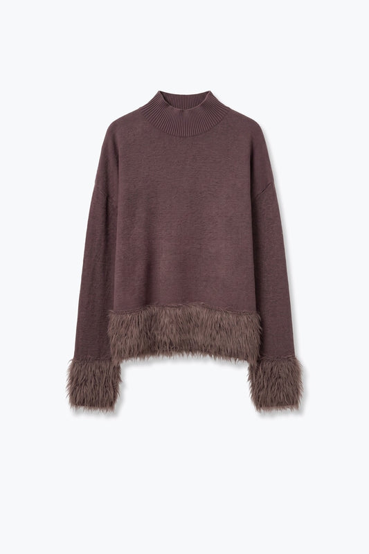 Brown Soft Knit Faux Fur Trim Turtleneck Sweater - Jumpers
