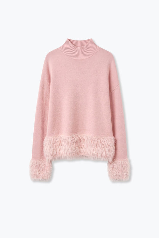 Light Pink Soft Knit Faux Fur Trim Turtleneck Sweater - Jumpers