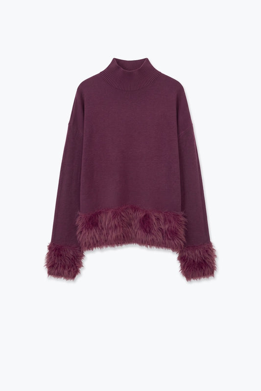 Burgundy Soft Knit Faux Fur Trim Turtleneck Cropped Sweater - Jumpers