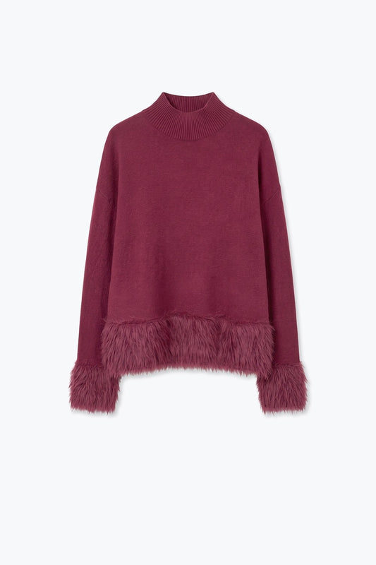 Wine Soft Knit Faux Fur Trim Turtleneck Sweater - Jumpers
