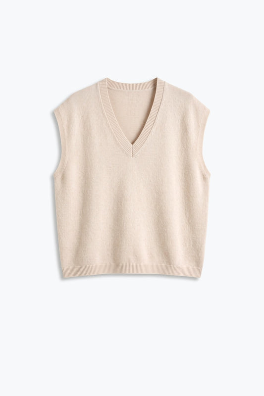 Beige Fine Knit V Neck Ribbed Trim Sleeveless Vest with sequin embellished - Tops