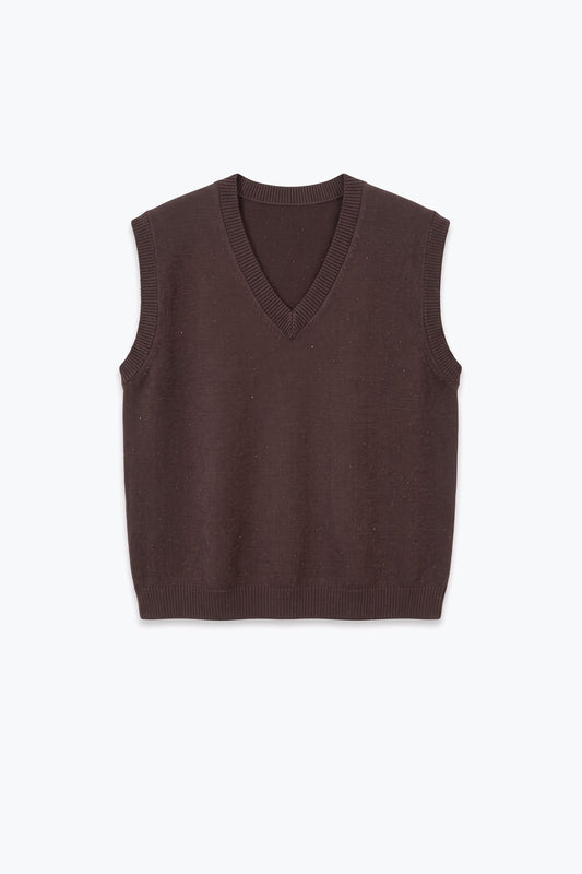 Brown Fine Knit V Neck Ribbed Trim Vest with sequin embellished - Tops