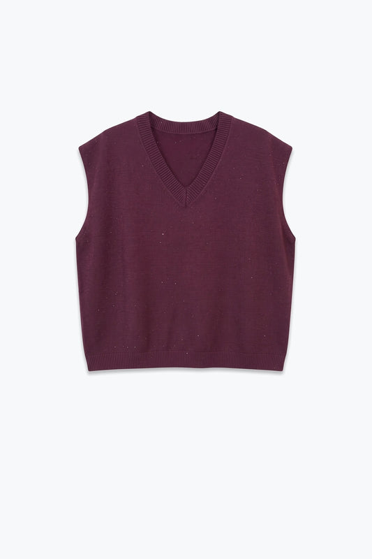 Purple Fine Knit Glitter V Neck Sleeveless Vest with sequin embellished - Tops