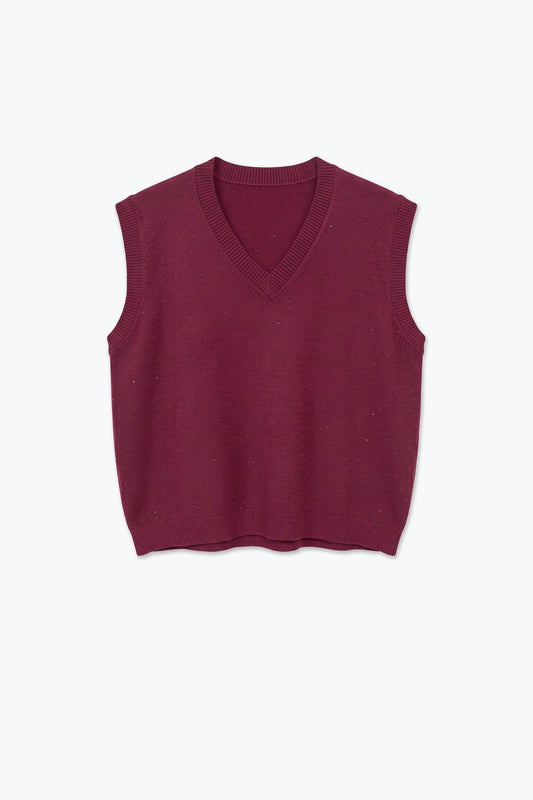Burgundy Fine Knit V Neck Ribbed Trim Vest with sequin embellished - Tops