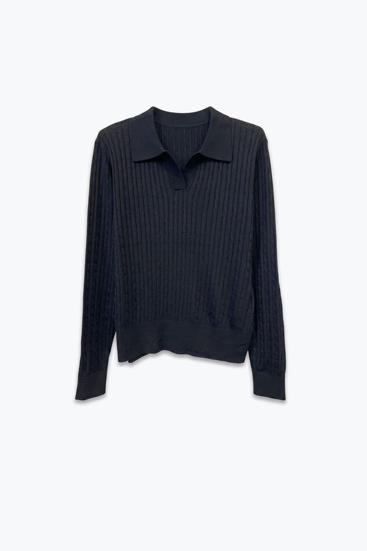 Black Merino Wool Blend Cable Knit Polo Collar Ribbed Trim Sweater - Polos