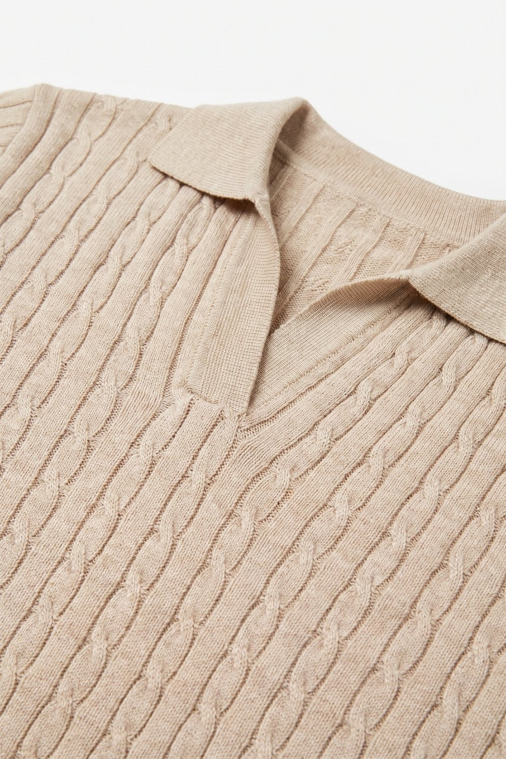 Beige Merino Wool Blend Cable Knit Polo Collar V Neck Long Sleeve Sweater - Polos