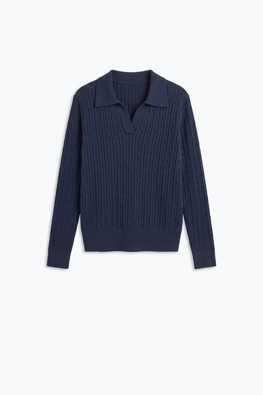 Navy Merino Wool Blend Ribbed Knit Polo Collar V Neck Sweater - Polos