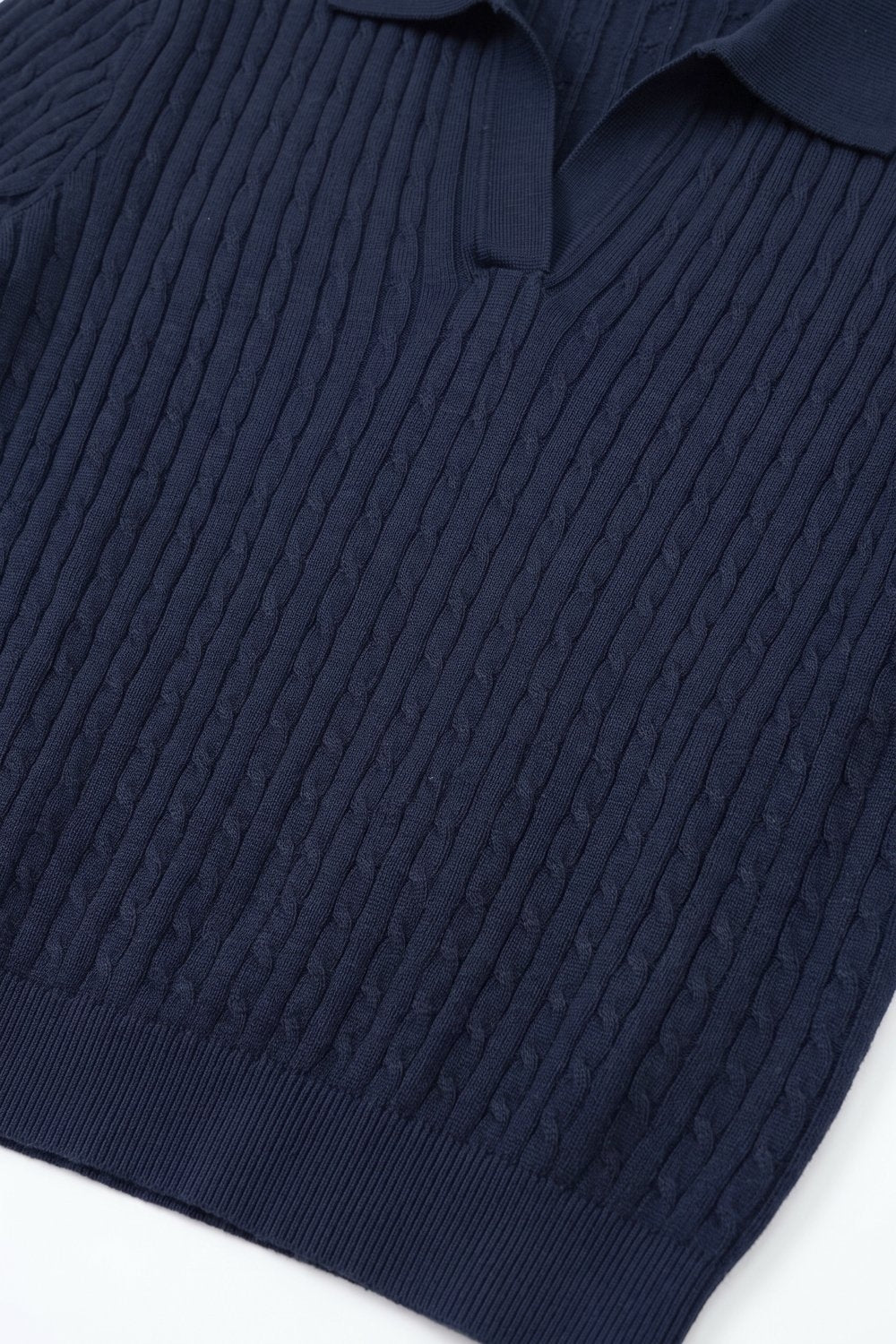 Navy Merino Wool Blend Ribbed Knit Polo Collar V Neck Sweater - Polos