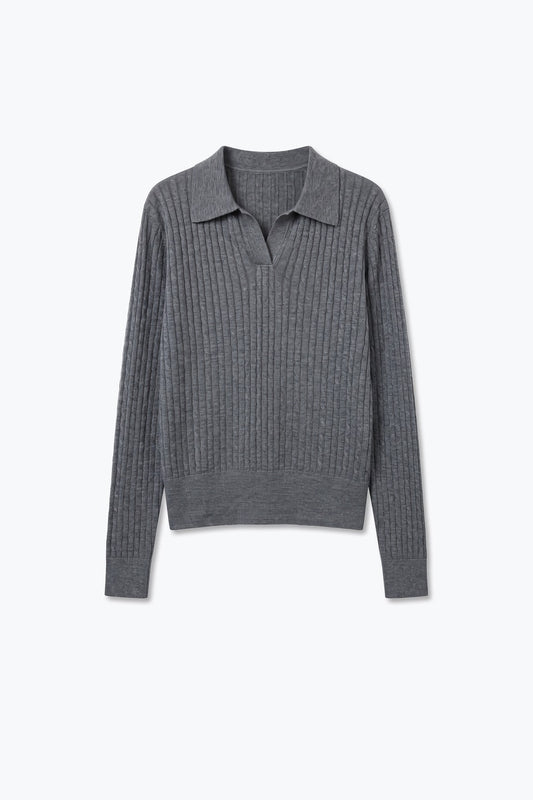 Grey Merino Wool Blend Ribbed Knit Polo Collar Open Placket Sweater - Polos