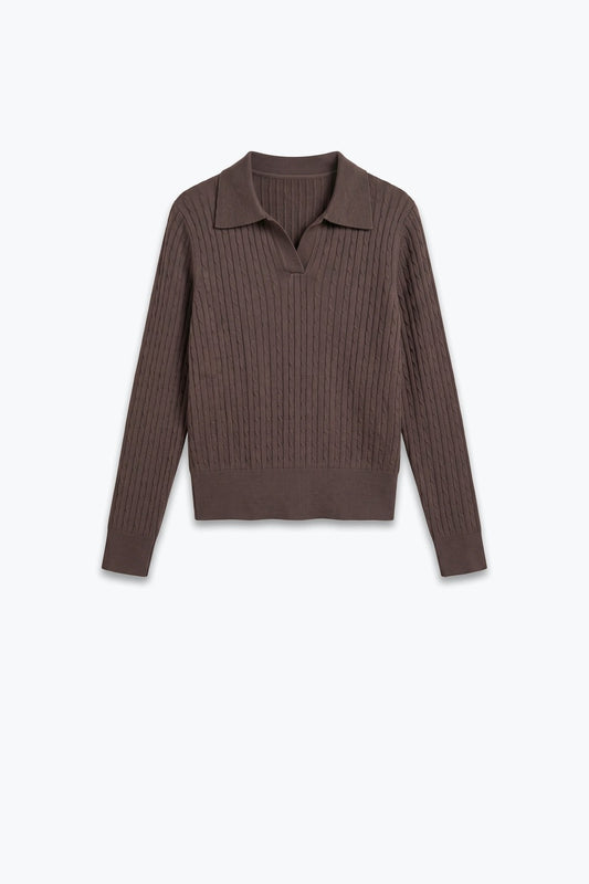 brown Merino Wool Blend Cable Knit Polo Collar Ribbed Trim Sweater - Polos