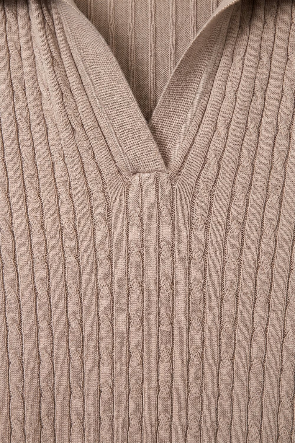 Pink Merino Wool Blend Cable Knit Polo Collar Ribbed Trim Sweater - Polos